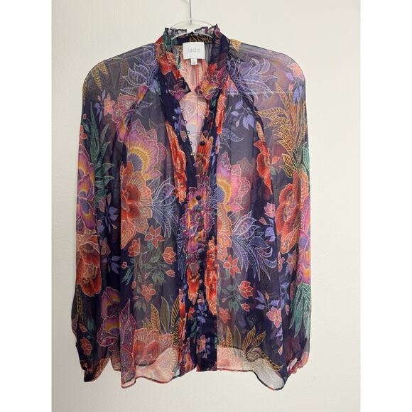 Johnny Was Jade Octavia Floral Silk Blouse Womens Large Oriental Semi Sheer - Picture 6 of 16